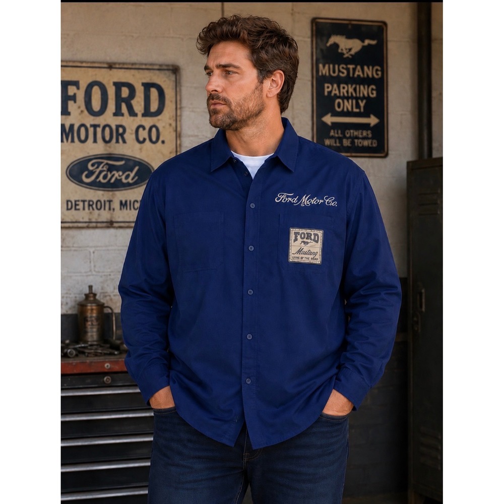 Ford Motor Co Mustang King of the Road‎ Work Shirt Navy Blue XXL Long Sleeve New